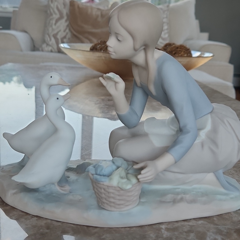 Lladro, Girl Feeding Ducks Satin Figurine